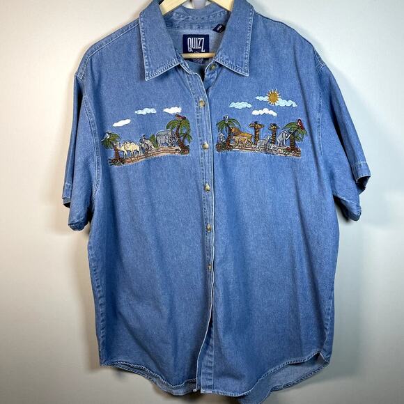 QUIZZ NEW YORK  Womens Sz 20 Y2K Denim Embroidered Animal Button Up Novelty - Picture 1 of 6